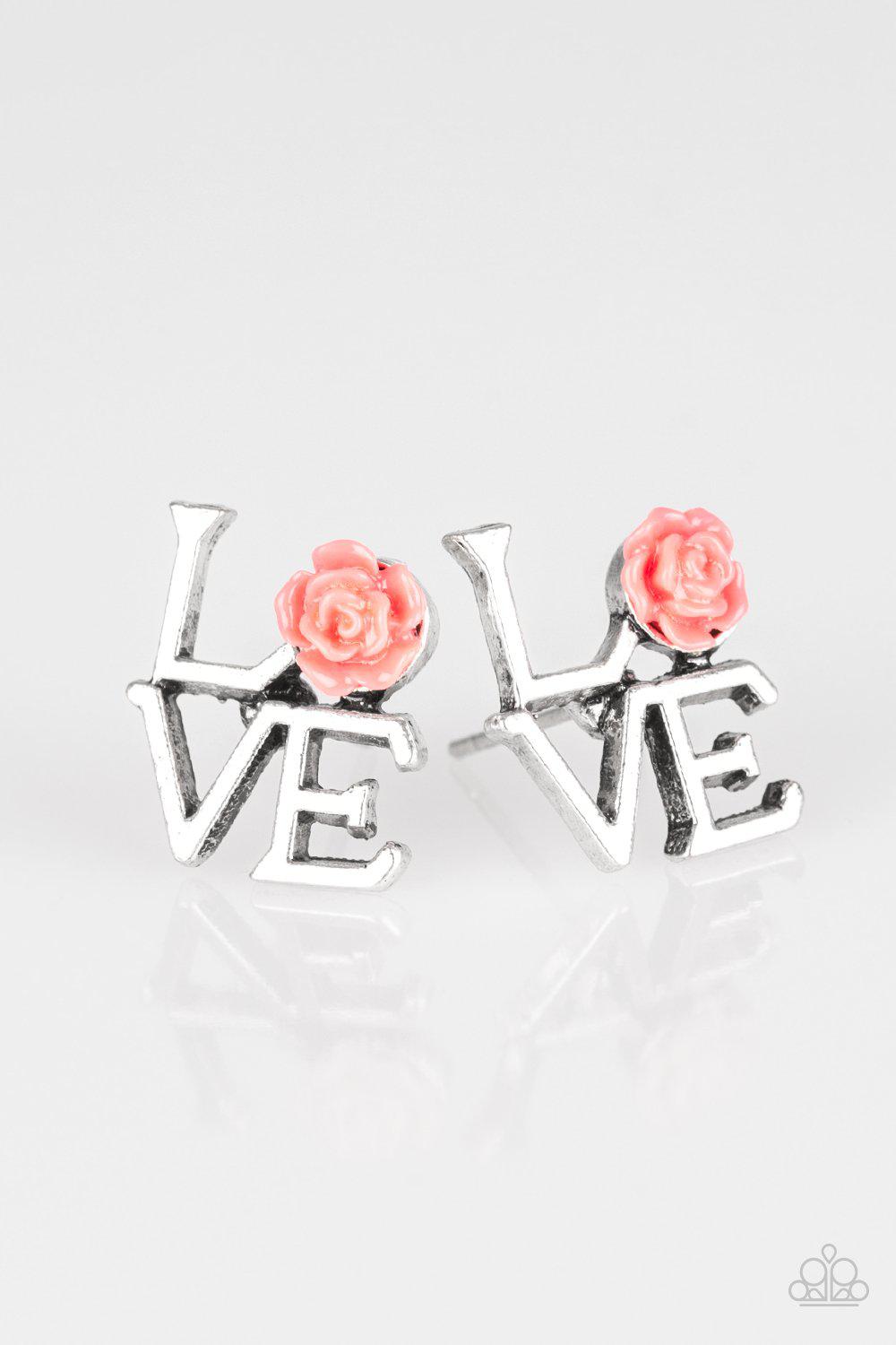 Starlet Shimmer Children's LOVE Rose Post Earrings - Paparazzi Accessories (set of 5)- on model - CarasShop.com - Paparazzi Jewelry by Cara Jewels
