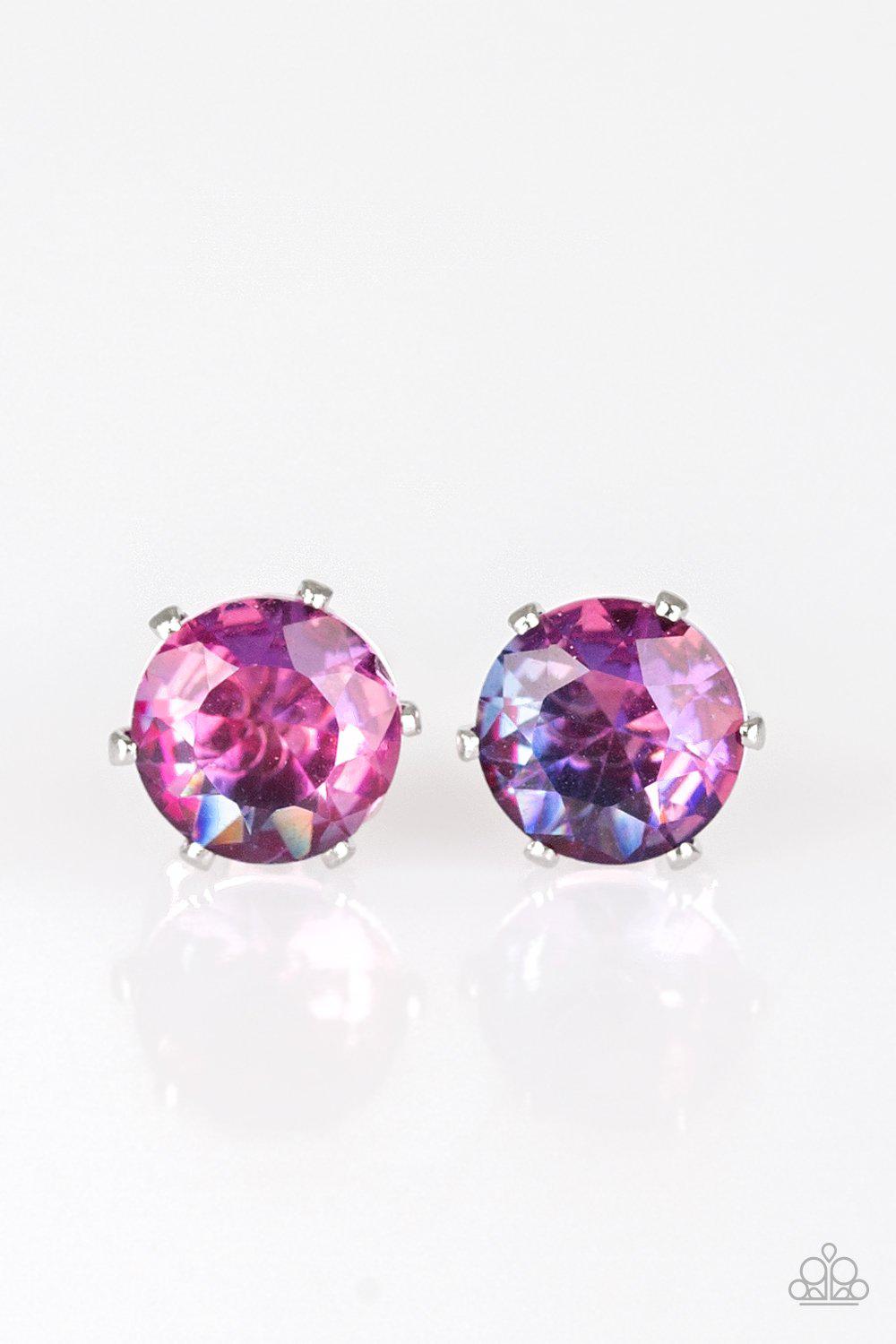 Starlet Shimmer Children's Multi-color Iridescent Rhinestone Post Earrings - Paparazzi Accessories (set of 5 pairs)- on model - CarasShop.com - Paparazzi Jewelry by Cara Jewels