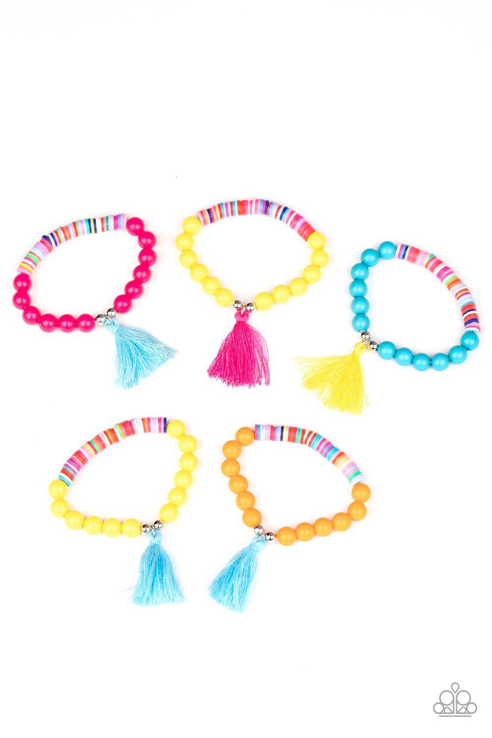 Starlet Shimmer Children's Pink, Yellow and Blue Tassel Bracelets - Paparazzi Accessories (set of 5)- on model - CarasShop.com - Paparazzi Jewelry by Cara Jewels