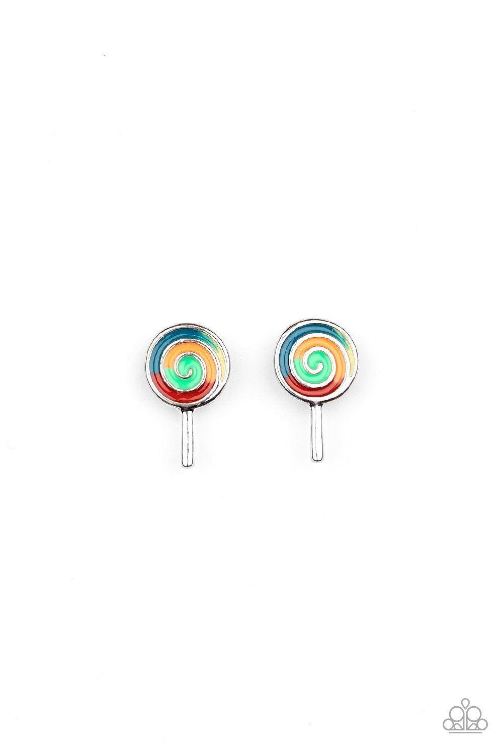 Starlet Shimmer Children's Rainbow Colored Post Earrings - Paparazzi Accessories (set of 5)- on model - CarasShop.com - Paparazzi Jewelry by Cara Jewels