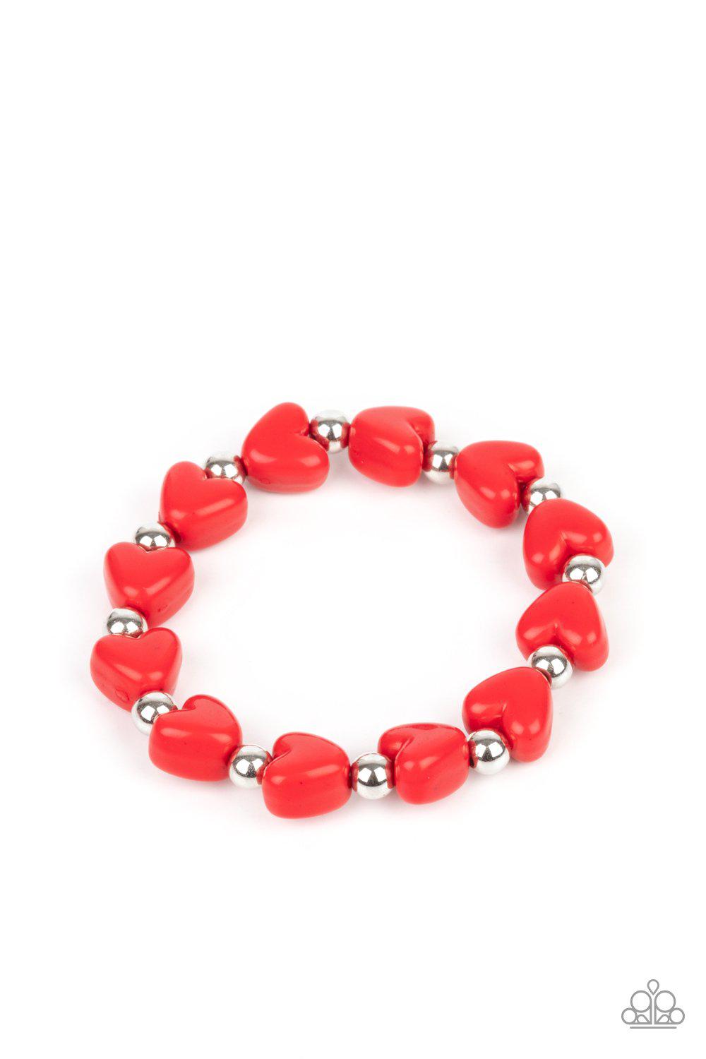 Starlet Shimmer Children's Red, Pink and Blue Heart Bracelets - Paparazzi Accessories (set of 5)- on model - CarasShop.com - Paparazzi Jewelry by Cara Jewels