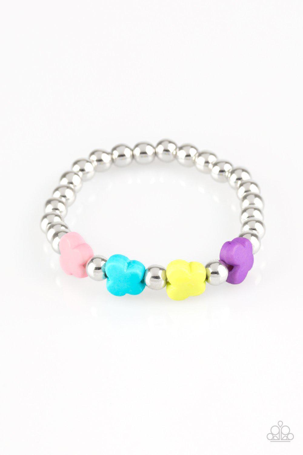 Starlet Shimmer Children's Silver and Butterfly Bracelets - Paparazzi Accessories (set of 5)- on model - CarasShop.com - Paparazzi Jewelry by Cara Jewels