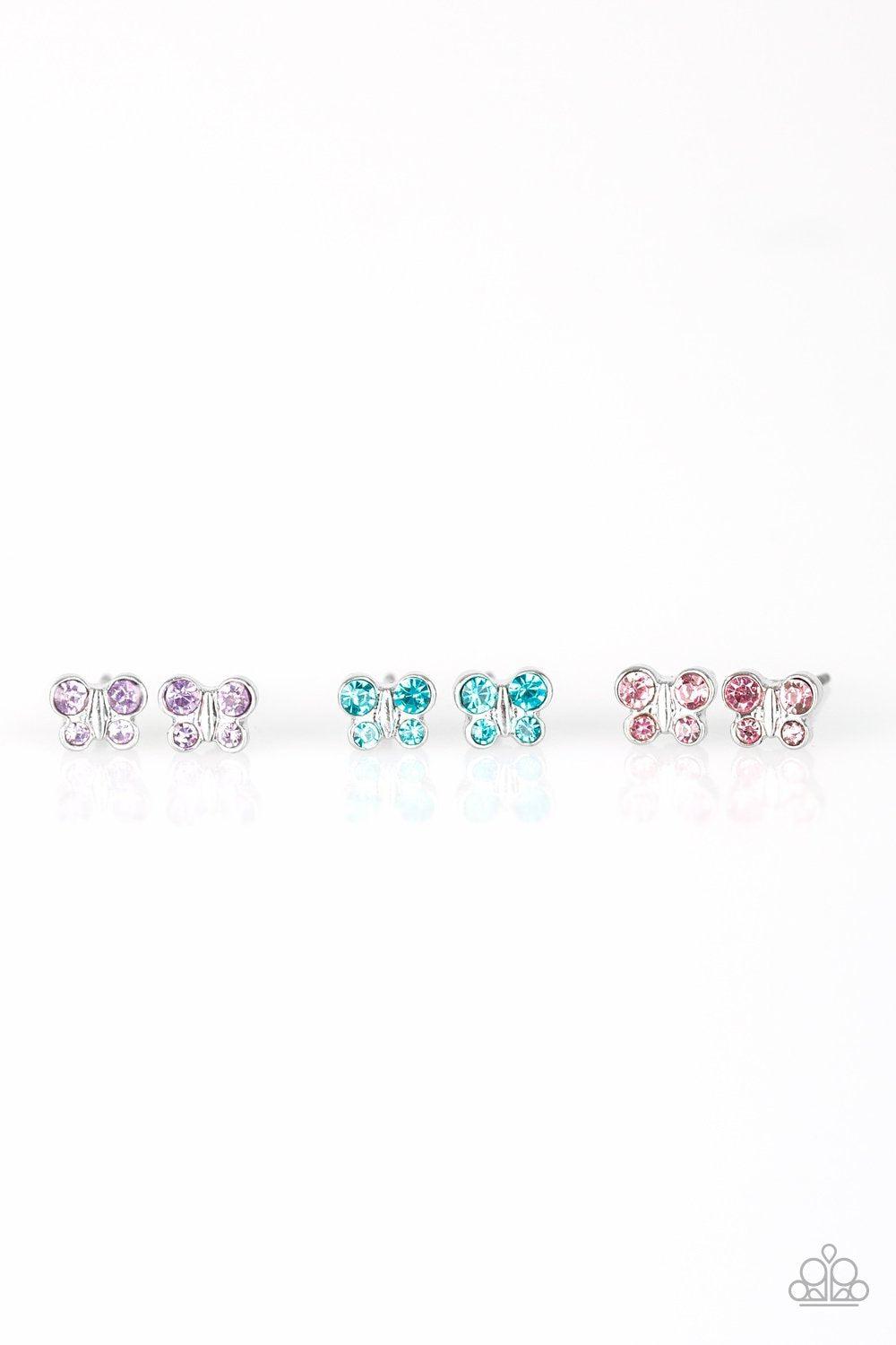 Starlet Shimmer Children's Small Rhinestone Butterfly Post Earrings - Paparazzi Accessories (set of 5)- on model - CarasShop.com - Paparazzi Jewelry by Cara Jewels