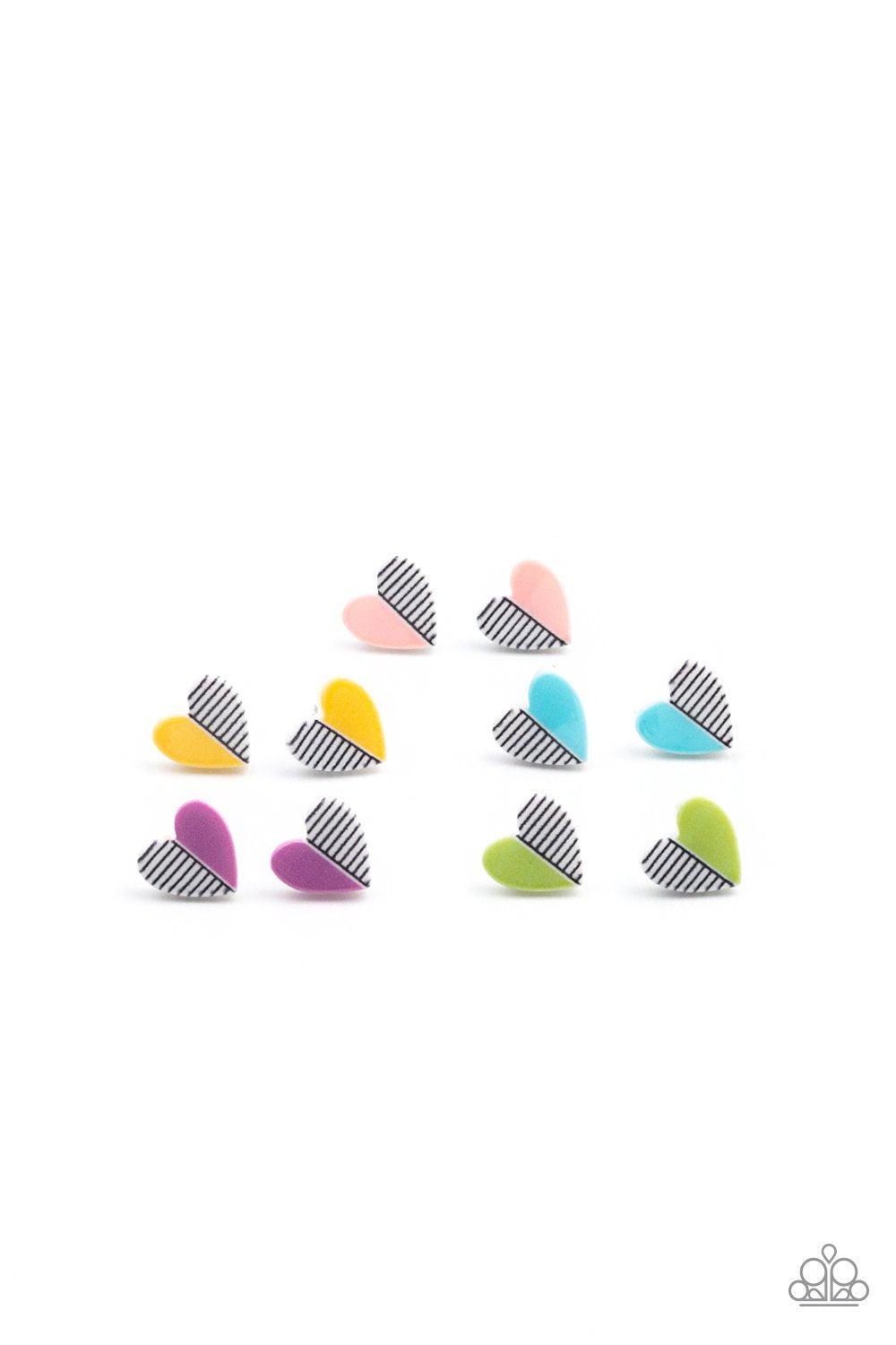 Starlet Shimmer Children's Striped Heart Post Earrings - Paparazzi Accessories (set of 5 pairs) - Full set -CarasShop.com - Paparazzi Jewelry by Cara Jewels