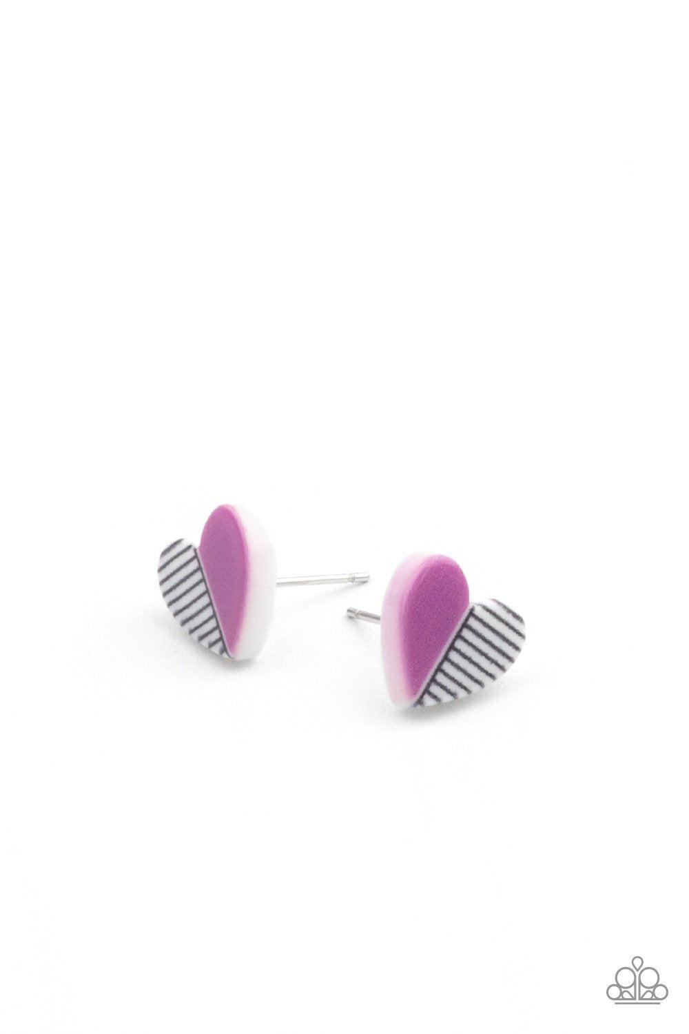 Starlet Shimmer Children's Striped Heart Post Earrings - Paparazzi Accessories (set of 5 pairs)- on model - CarasShop.com - Paparazzi Jewelry by Cara Jewels