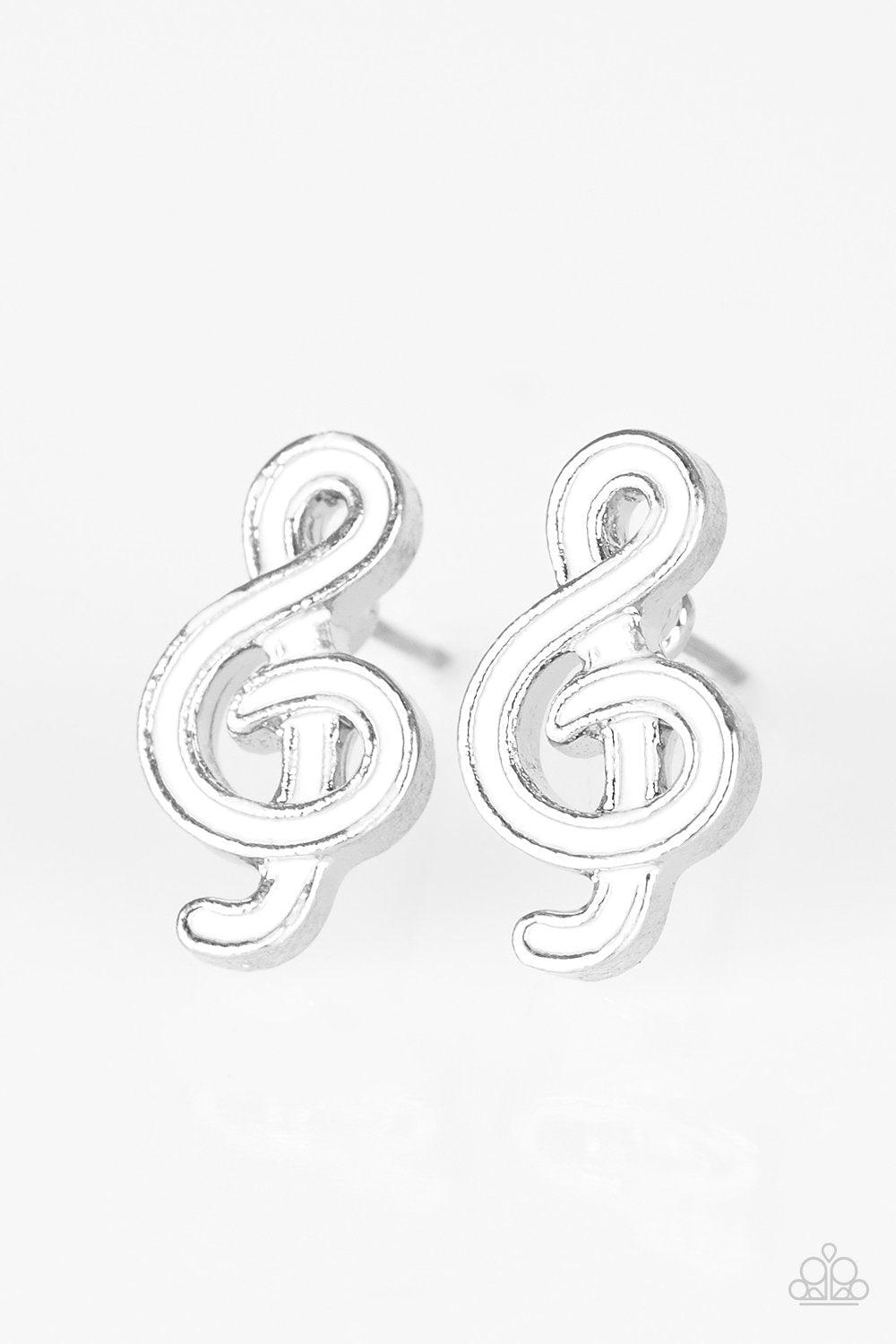 Starlet Shimmer Children's Treble Clef Post Earrings - Paparazzi Accessories (set of 5 pairs)- on model - CarasShop.com - Paparazzi Jewelry by Cara Jewels