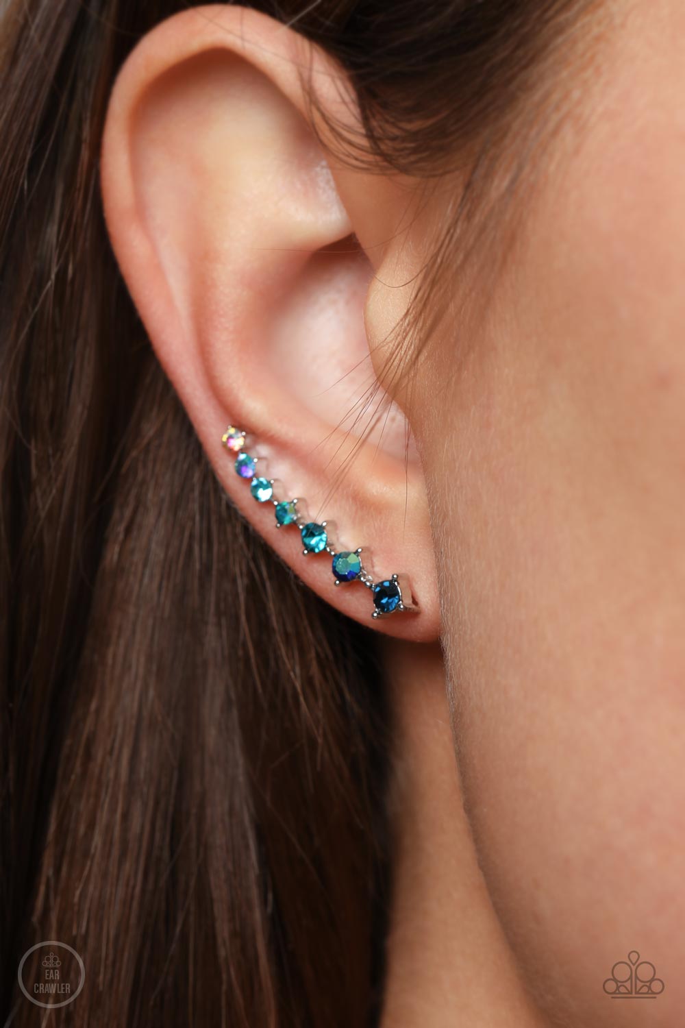 STARLIGHT Show Blue Rhinestone Ear Crawler Earrings - Paparazzi Accessories- lightbox - CarasShop.com - Paparazzi Jewelry by Cara Jewels