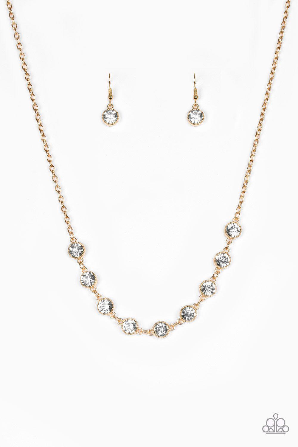 Starlit Socials Gold and White Rhinestone Necklace - Paparazzi Accessories- lightbox - CarasShop.com - Paparazzi Jewelry by Cara Jewels