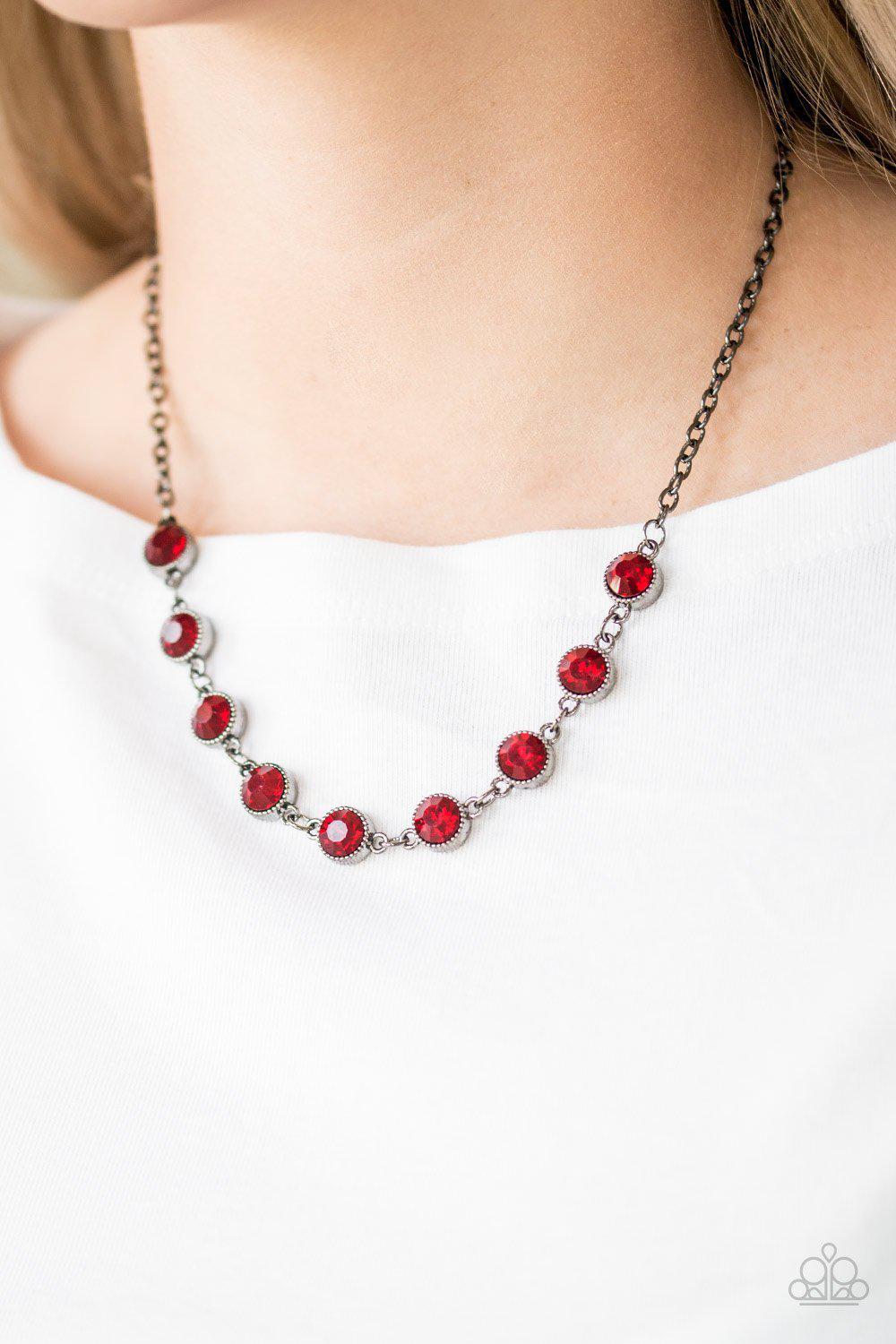 Starlit Socials Red Gem and Gunmetal Necklace - Paparazzi Accessories- on model - CarasShop.com - Paparazzi Jewelry by Cara Jewels