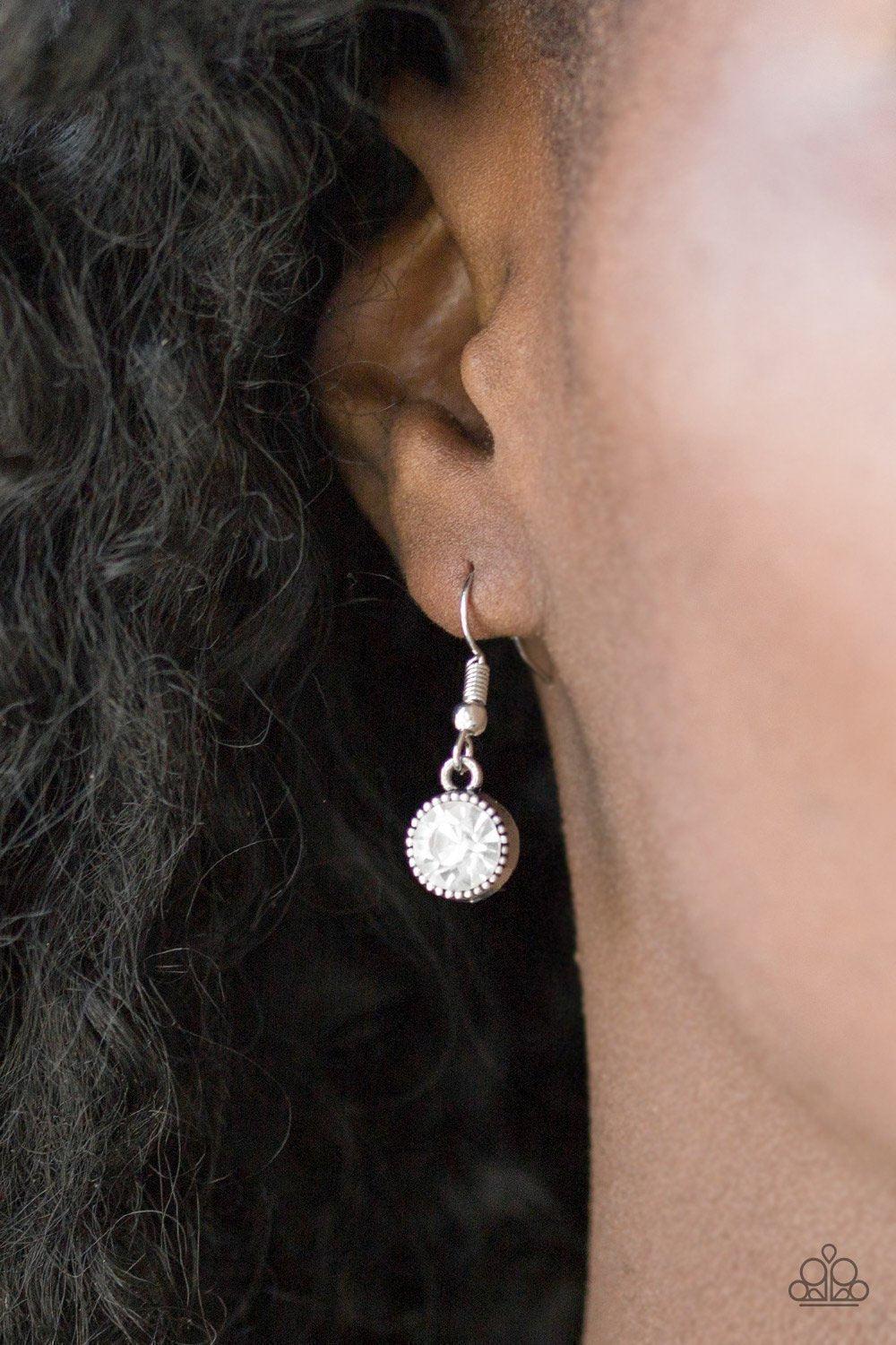 Starlit Socials White Necklace and matching Earrings - Paparazzi Accessories- on model - CarasShop.com - Paparazzi Jewelry by Cara Jewels