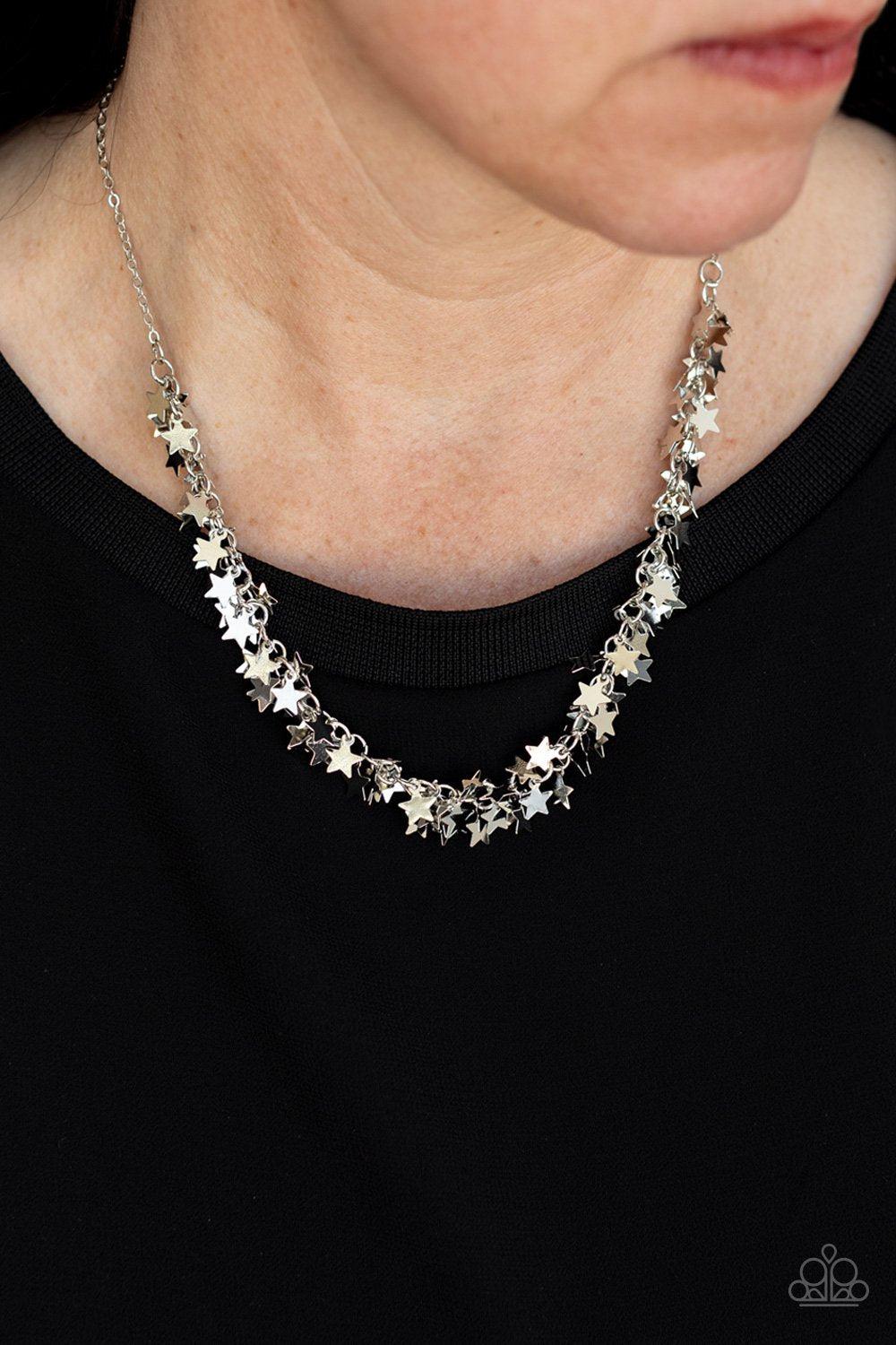 Starry Anthem Silver Star Necklace - Paparazzi Accessories- on model - CarasShop.com - Paparazzi Jewelry by Cara Jewels