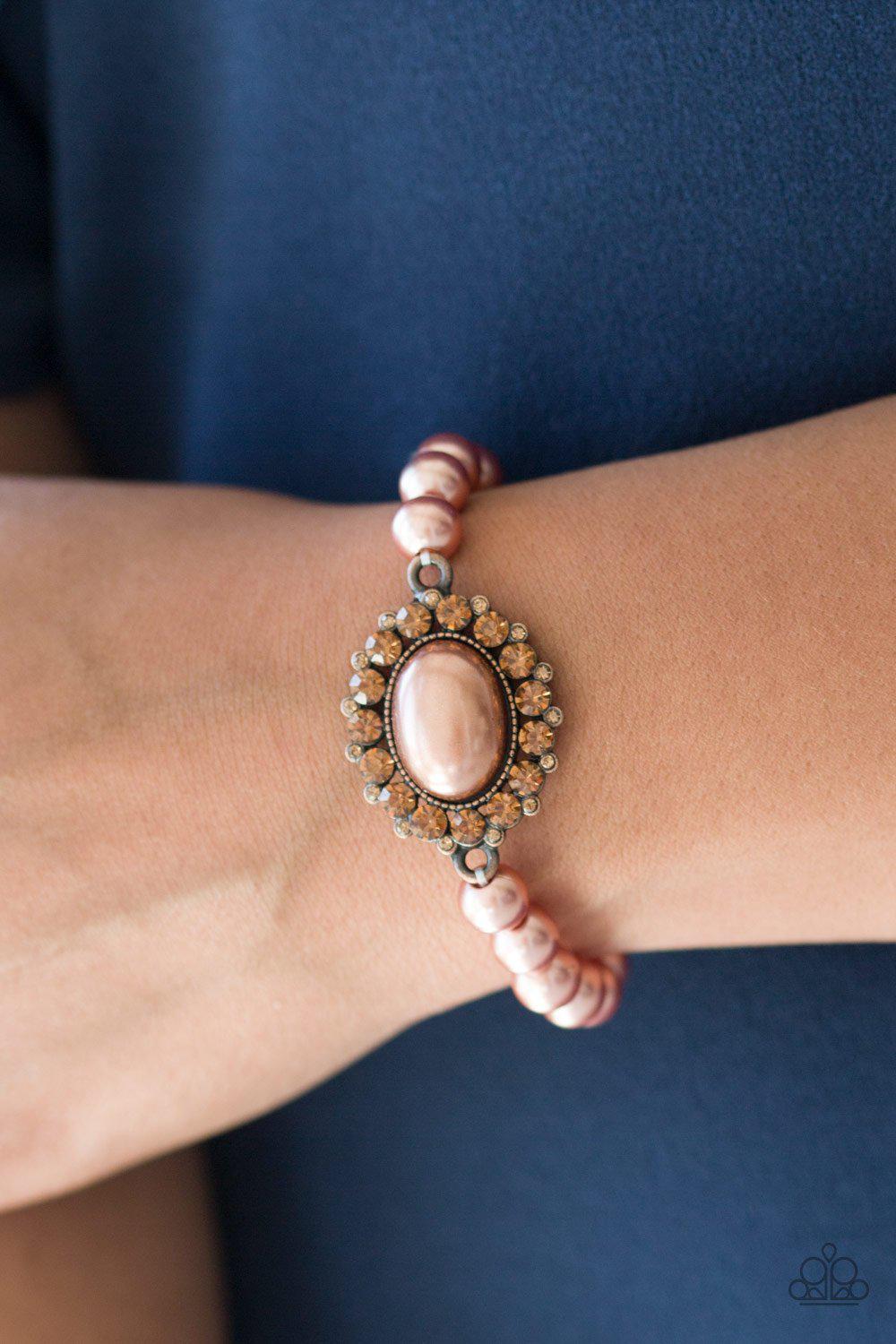 Starry-Eyed Starlet Copper Pearl and Rhinestone Bracelet - Paparazzi Accessories- lightbox - CarasShop.com - Paparazzi Jewelry by Cara Jewels