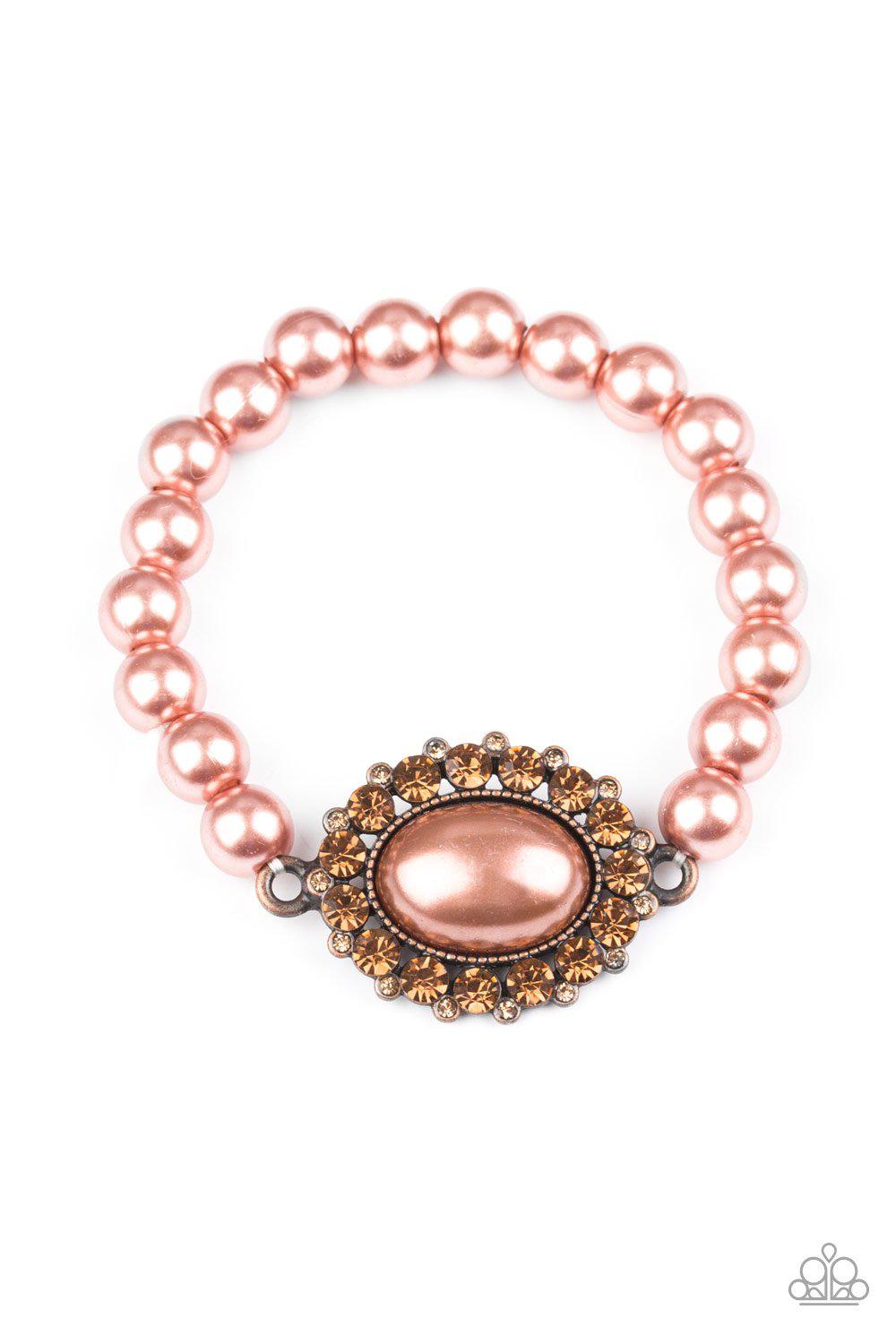 Starry-Eyed Starlet Copper Pearl and Rhinestone Bracelet - Paparazzi Accessories- on model - CarasShop.com - Paparazzi Jewelry by Cara Jewels