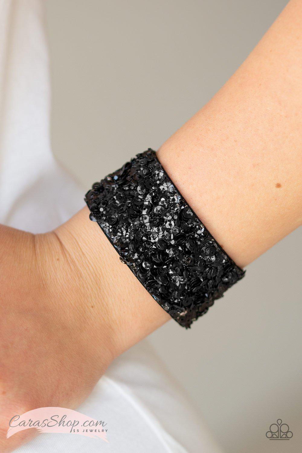 Starry Sequins Black Sequin Wrap Snap Bracelet - Paparazzi Accessories- lightbox - CarasShop.com - Paparazzi Jewelry by Cara Jewels
