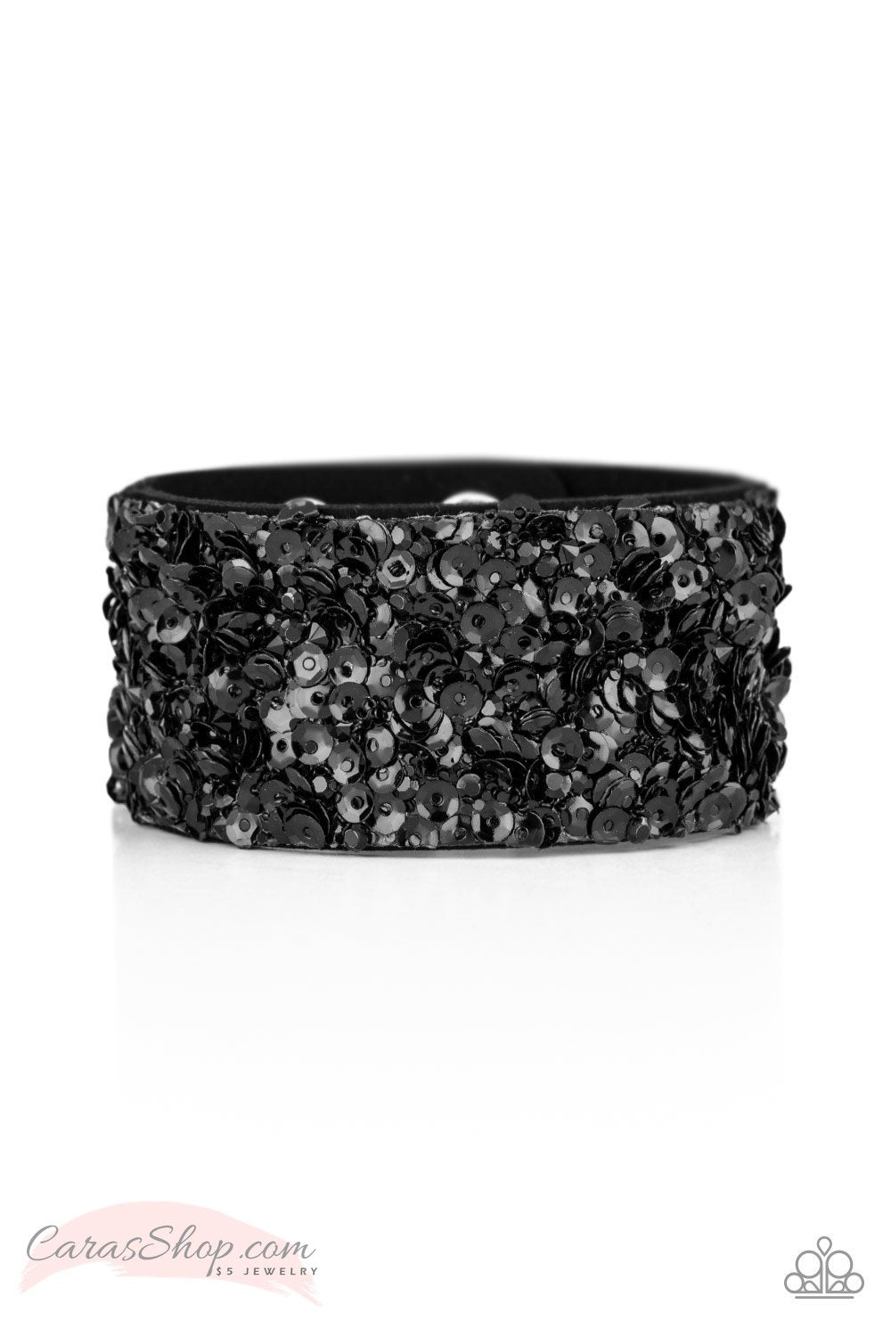 Starry Sequins Black Sequin Wrap Snap Bracelet - Paparazzi Accessories- on model - CarasShop.com - Paparazzi Jewelry by Cara Jewels