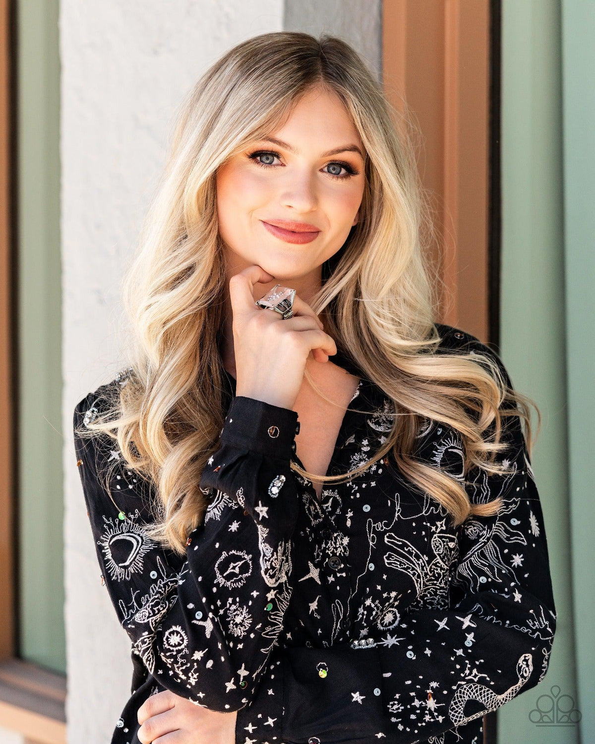 Starry Serenity White Rhinestone Ring - Paparazzi Accessories stylized-on model - CarasShop.com - Paparazzi Jewelry by Cara Jewels