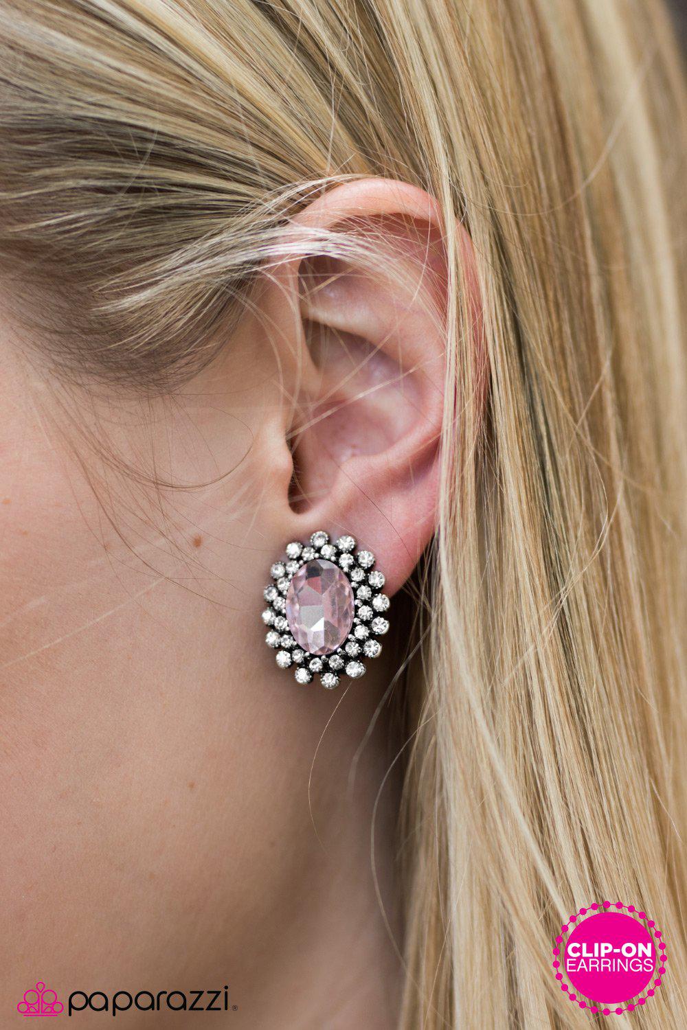 Starry Shine Pink and White Rhinestone Clip-on Earrings - Paparazzi Accessories- on model - CarasShop.com - Paparazzi Jewelry by Cara Jewels