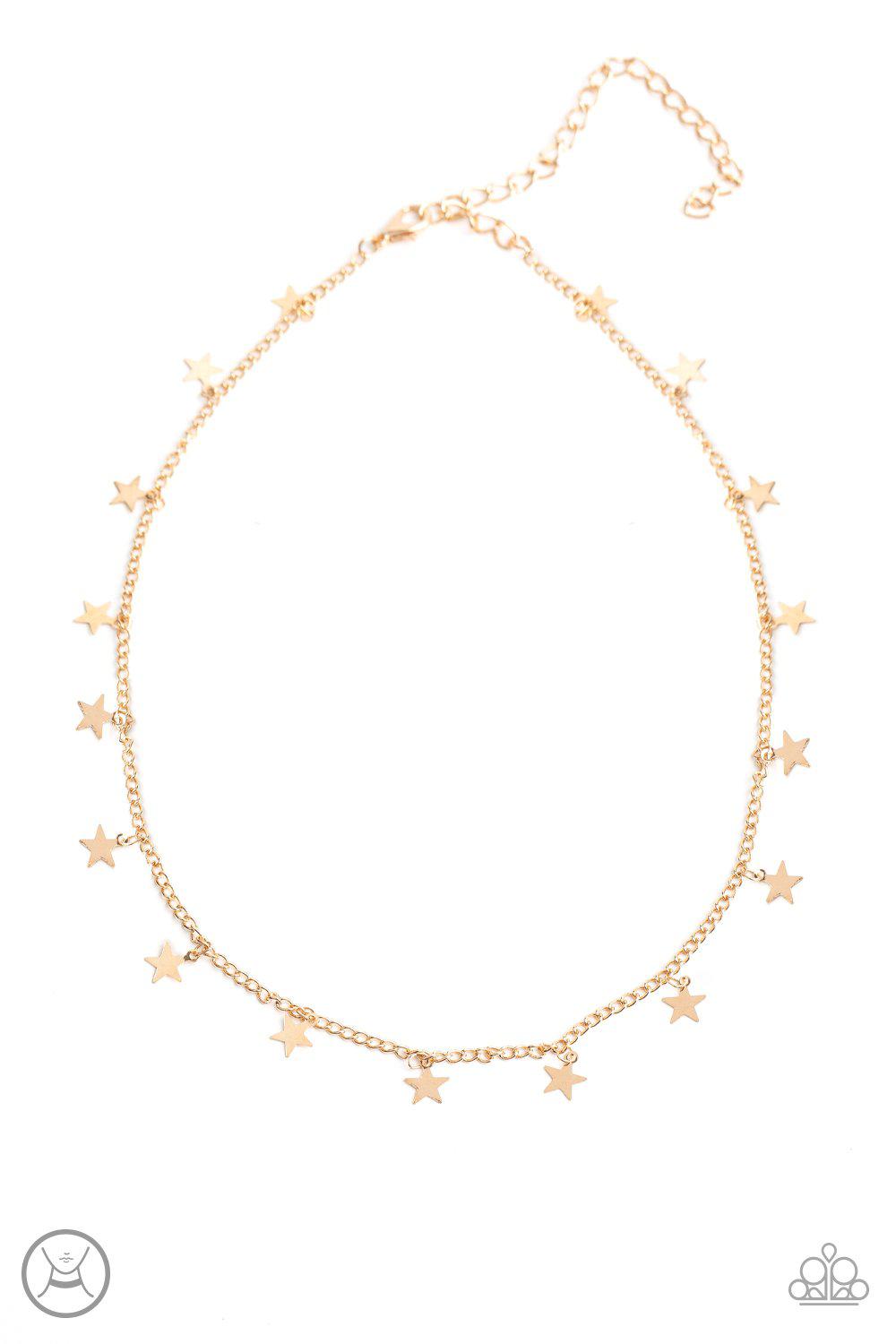 Starry Skies Gold Star Choker Necklace - Paparazzi Accessories- on model - CarasShop.com - Paparazzi Jewelry by Cara Jewels