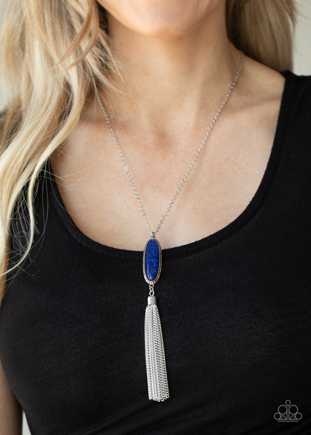 Stay Cool Blue Glittery Bead Tassel Necklace - Paparazzi Accessories- on model - CarasShop.com - Paparazzi Jewelry by Cara Jewels