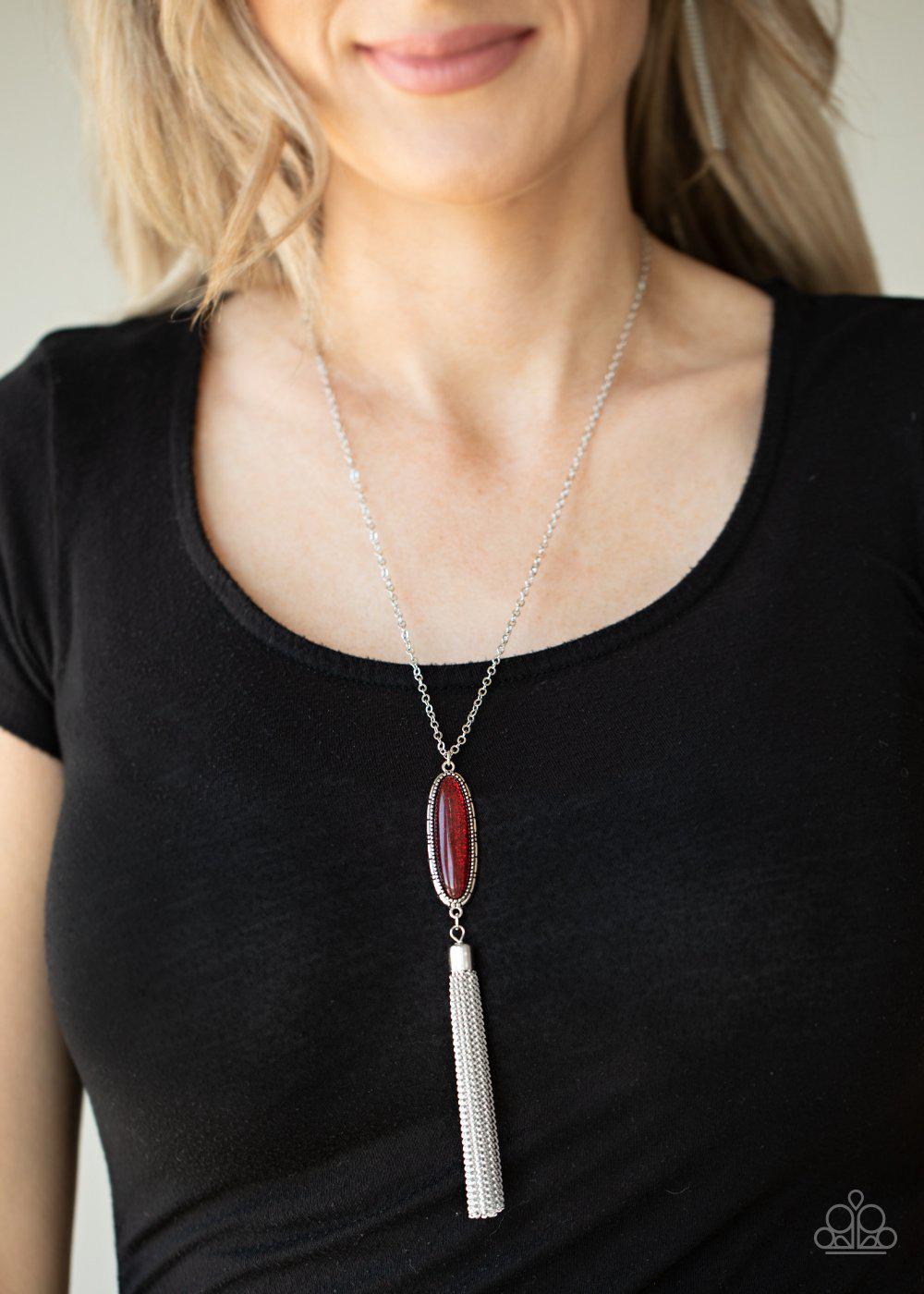 Stay Cool Red Glittery Bead Tassel Necklace - Paparazzi Accessories- on model - CarasShop.com - Paparazzi Jewelry by Cara Jewels