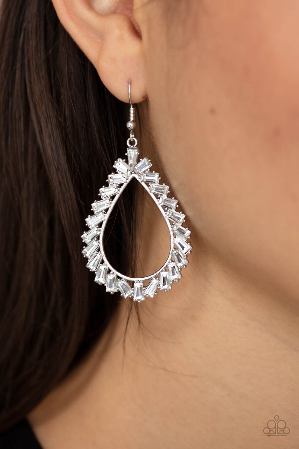 Stay Sharp White Rhinestone Earrings - Paparazzi Accessories- on model - CarasShop.com - Paparazzi Jewelry by Cara Jewels