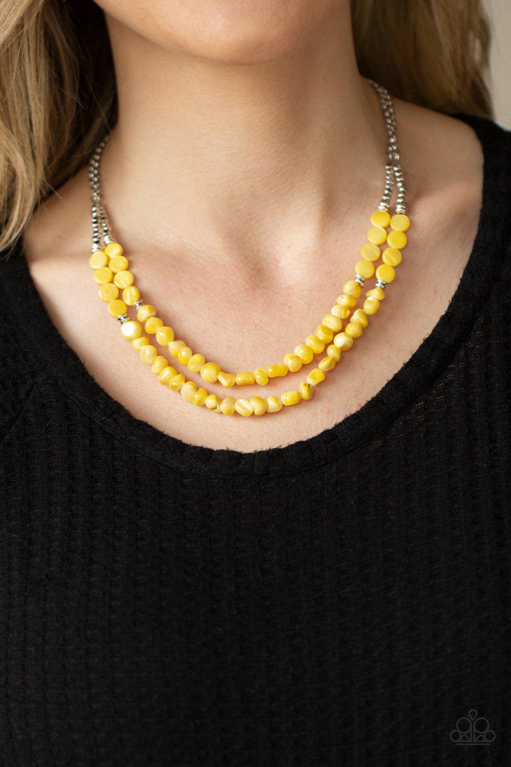 Staycation Status Yellow and Silver Necklace - Paparazzi Accessories- on model - CarasShop.com - Paparazzi Jewelry by Cara Jewels
