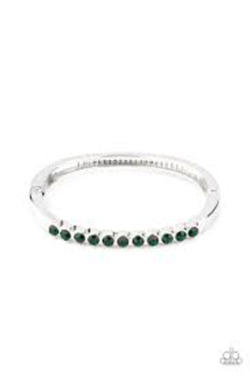 Stellar Beam Green Rhinestone Hinged Bangle Bracelet - Paparazzi Accessories- on model - CarasShop.com - Paparazzi Jewelry by Cara Jewels