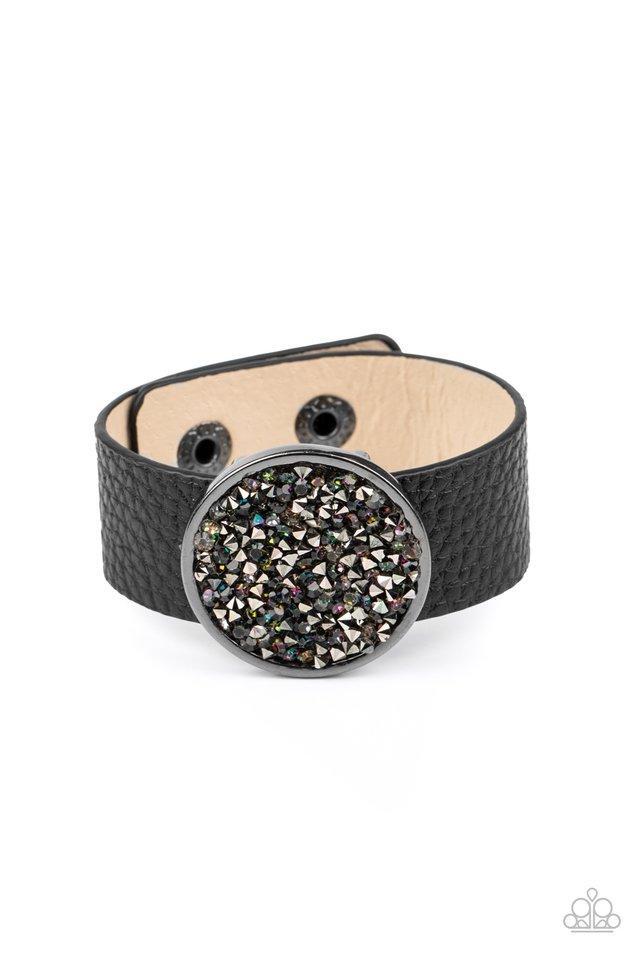 Stellar Escape Multi "Oil Spill" and Black Leather Urban Wrap Snap Bracelet - Paparazzi Accessories- on model - CarasShop.com - Paparazzi Jewelry by Cara Jewels
