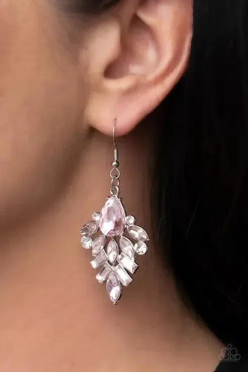 Stellar-escent Elegance Pink Rhinestone Earrings - Paparazzi Accessories- on model - CarasShop.com - Paparazzi Jewelry by Cara Jewels
