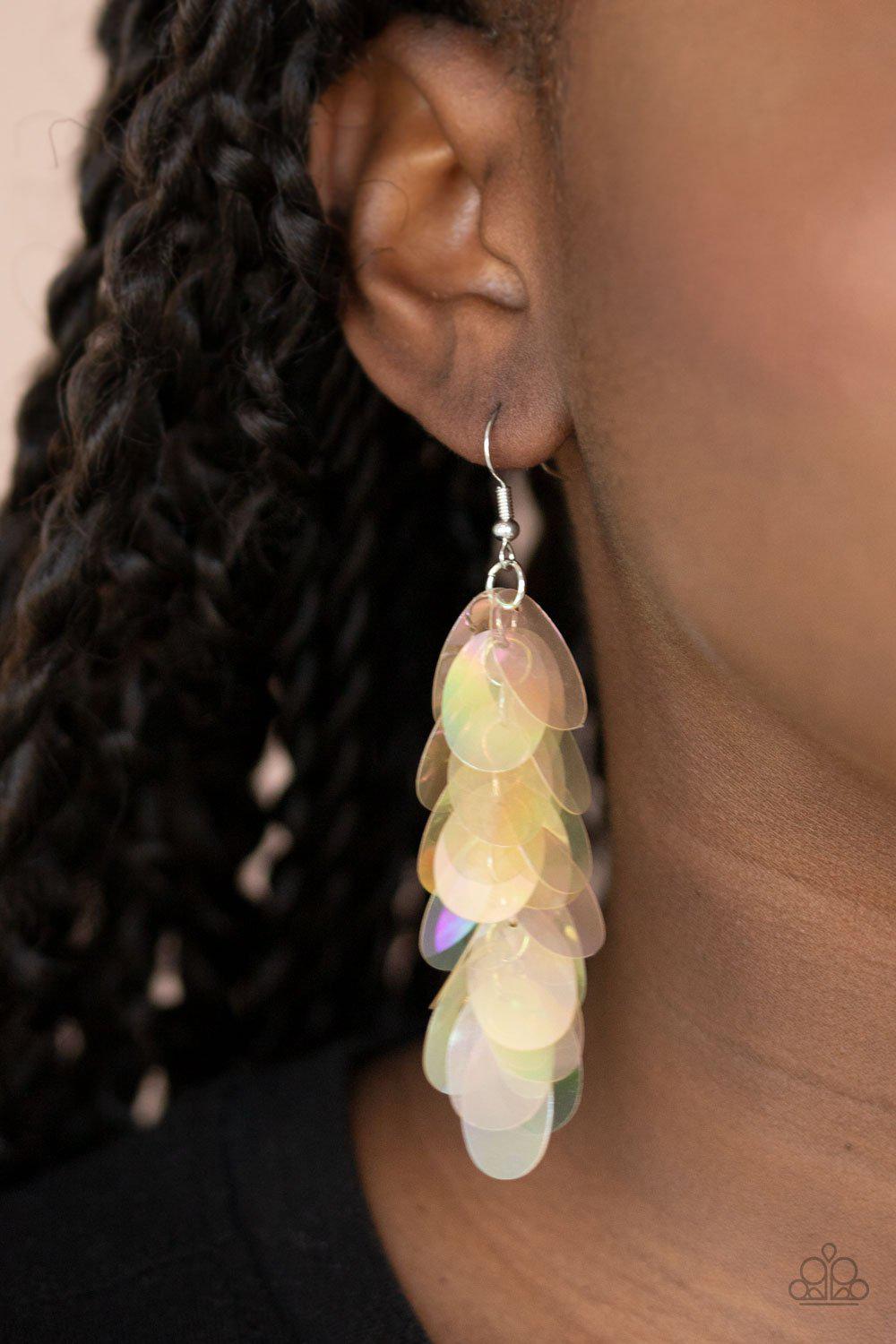 Stellar In Sequins Multi Iridescent Sequin Earrings - Paparazzi Accessories- on model - CarasShop.com - Paparazzi Jewelry by Cara Jewels