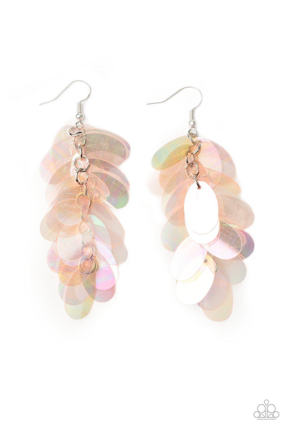 Stellar In Sequins Pink Iridescent Sequin Earrings - Paparazzi Accessories- on model - CarasShop.com - Paparazzi Jewelry by Cara Jewels