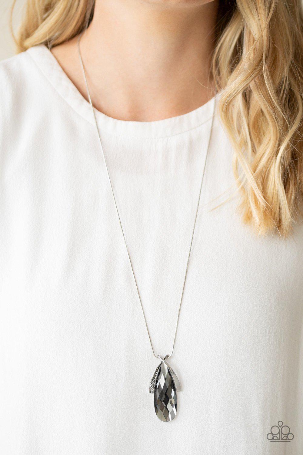 Stellar Sophistication Silver and Smoky Teardrop Pendant Necklace - Paparazzi Accessories- on model - CarasShop.com - Paparazzi Jewelry by Cara Jewels