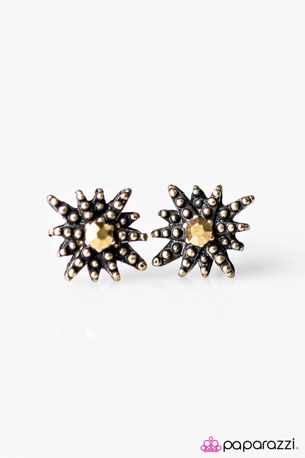 Stellar Sparkle Brass Post Earrings - Paparazzi Accessories- on model - CarasShop.com - Paparazzi Jewelry by Cara Jewels