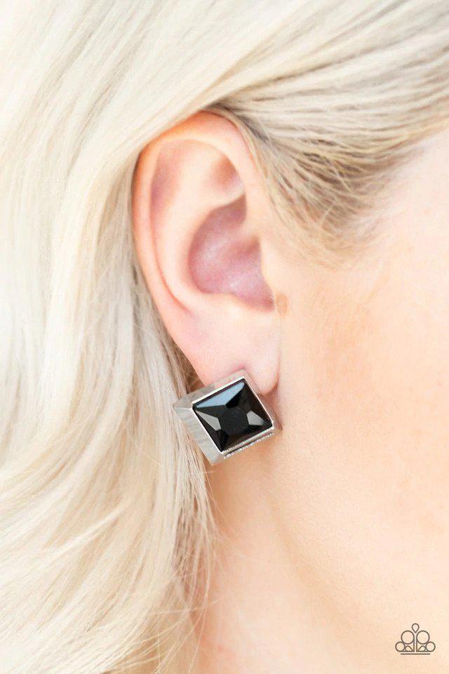 Stellar Square Black Earrings - Paparazzi Accessories- on model - CarasShop.com - Paparazzi Jewelry by Cara Jewels