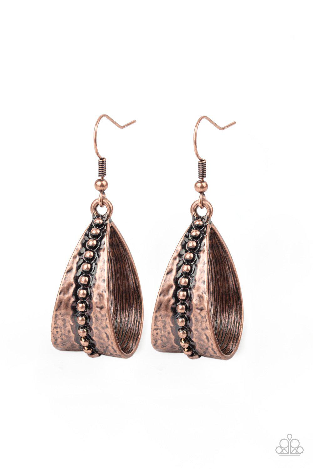 STIRRUP Some Trouble Copper Earrings - Paparazzi Accessories- on model - CarasShop.com - Paparazzi Jewelry by Cara Jewels