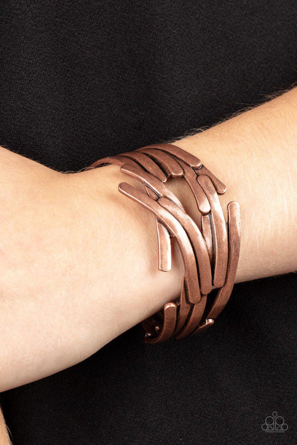Stockpiled Style Copper Cuff Bracelet - Paparazzi Accessories- on model - CarasShop.com - Paparazzi Jewelry by Cara Jewels