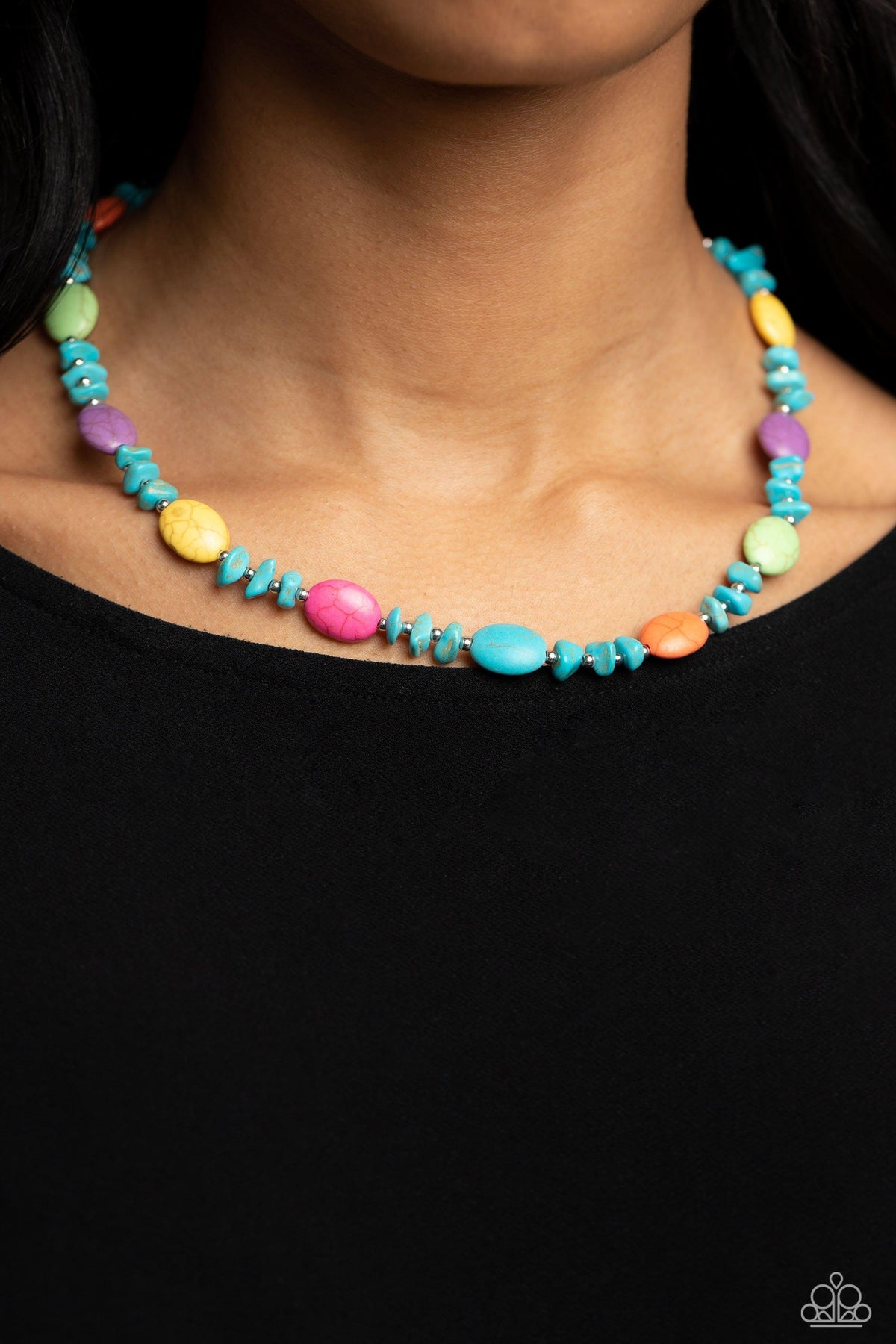 Stone Age Showcase Multi & Turquoise Blue Stone Necklace - Paparazzi Accessories- on model - CarasShop.com - Paparazzi Jewelry by Cara Jewels