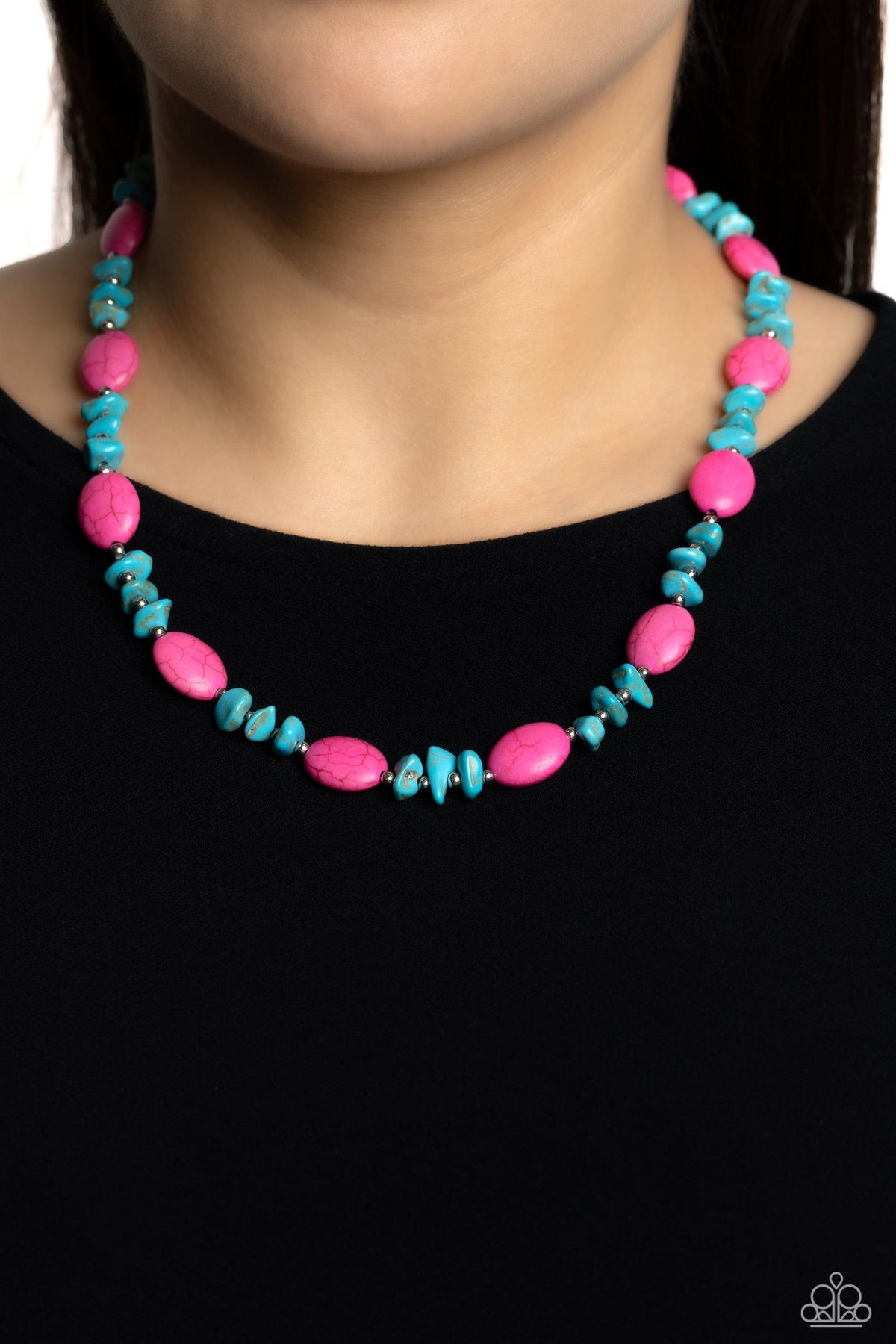 Stone Age Showcase Pink & Turquoise Stone Necklace - Paparazzi Accessories- on model - CarasShop.com - Paparazzi Jewelry by Cara Jewels