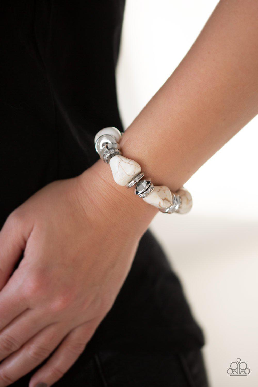 Stone Age Stunner Silver and White Stone Bracelet - Paparazzi Accessories- on model - CarasShop.com - Paparazzi Jewelry by Cara Jewels