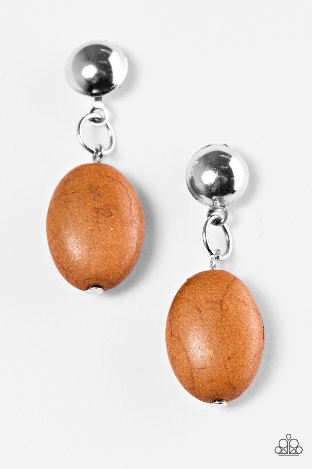 Stone Cliffs Brown Stone Post Earrings - Paparazzi Accessories- on model - CarasShop.com - Paparazzi Jewelry by Cara Jewels