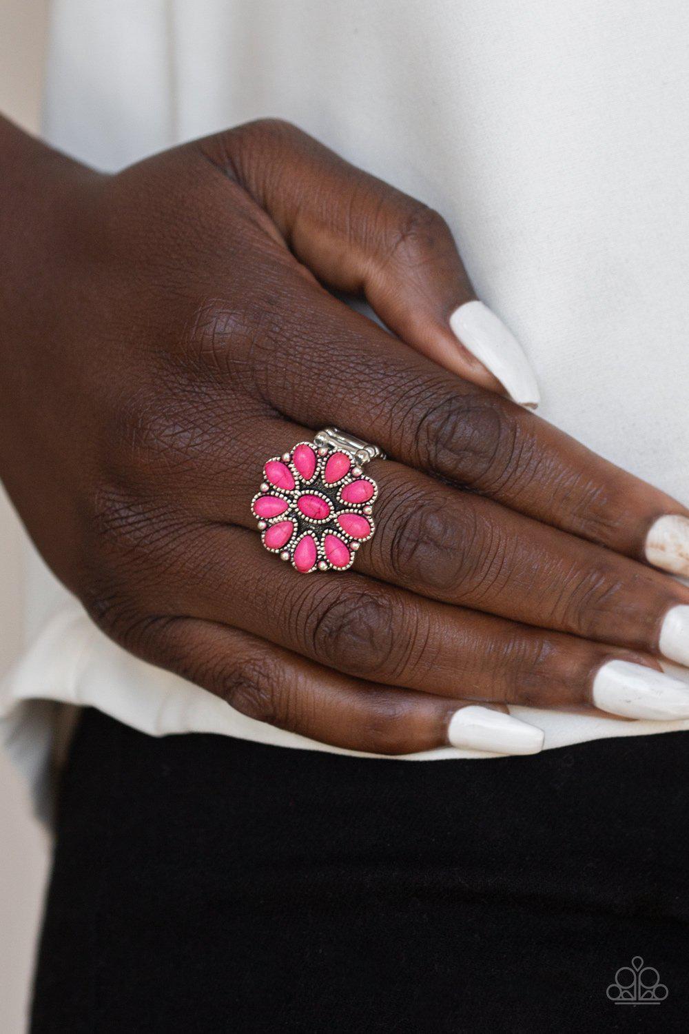 Stone Gardenia Silver and Pink Stone Flower Ring - Paparazzi Accessories- lightbox - CarasShop.com - Paparazzi Jewelry by Cara Jewels
