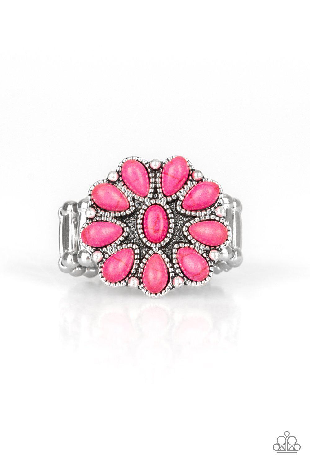 Stone Gardenia Silver and Pink Stone Flower Ring - Paparazzi Accessories- on model - CarasShop.com - Paparazzi Jewelry by Cara Jewels