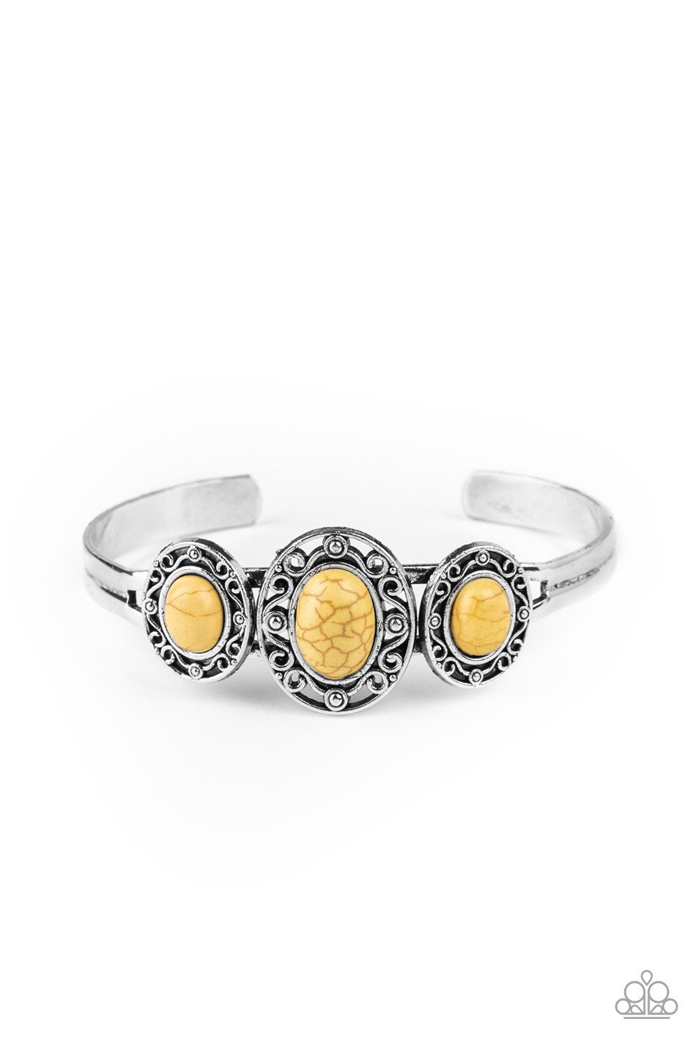 Stone Sage Yellow Stone and Silver Cuff Bracelet - Paparazzi Accessories- on model - CarasShop.com - Paparazzi Jewelry by Cara Jewels