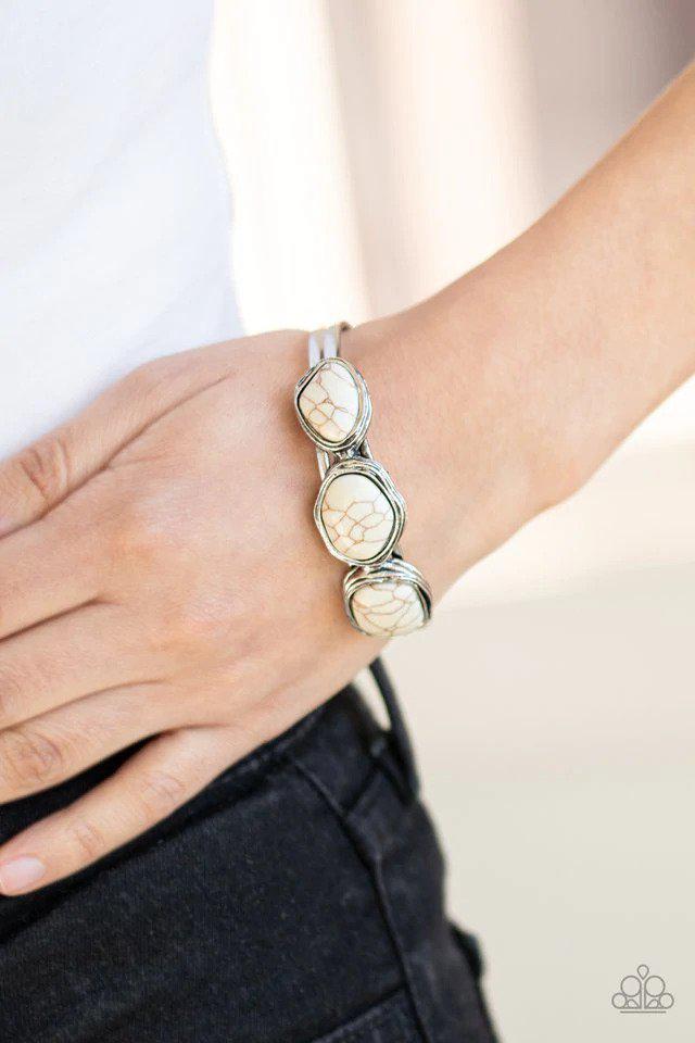 Stone Shop White Cuff Bracelet - Paparazzi Accessories- on model - CarasShop.com - Paparazzi Jewelry by Cara Jewels