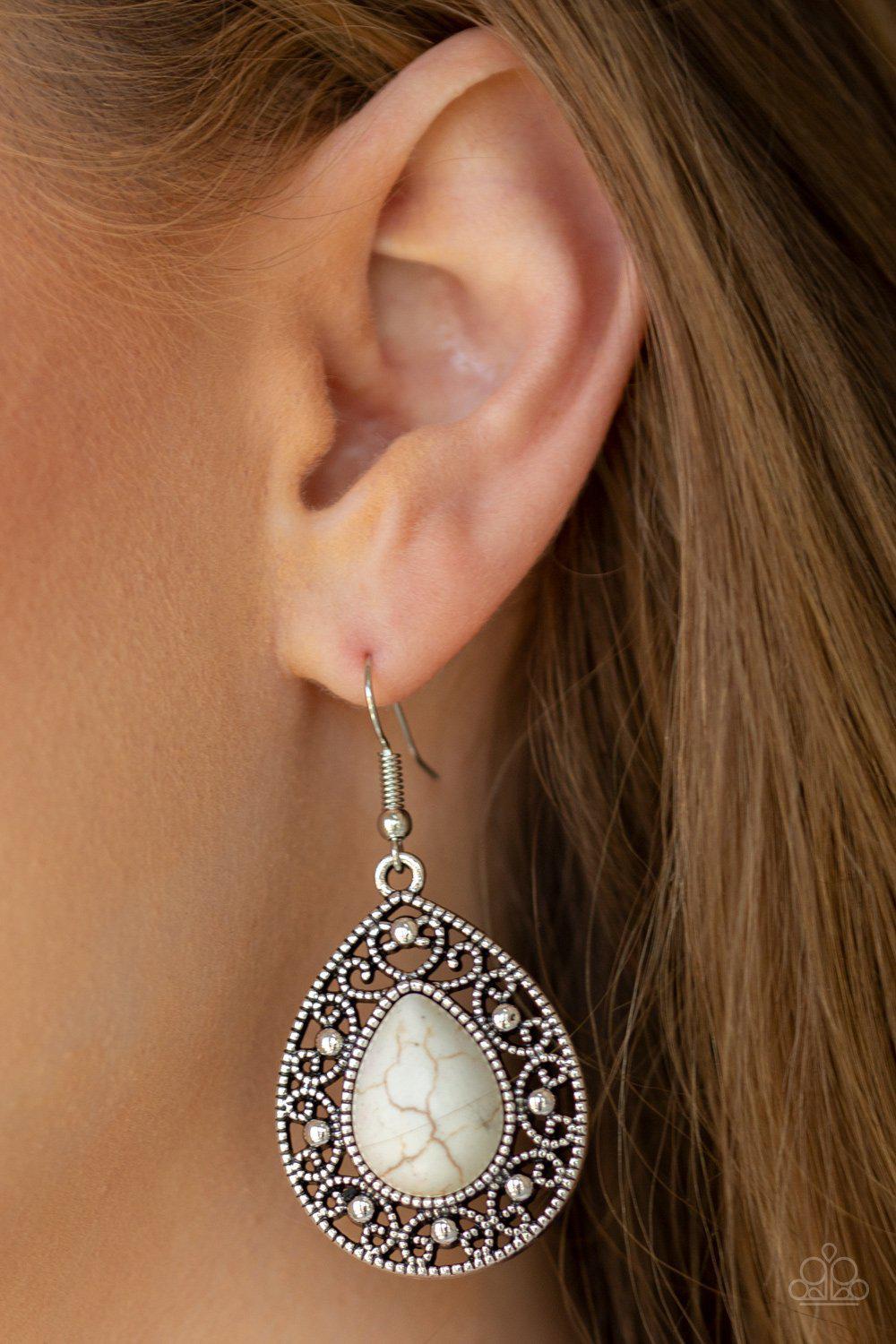 Stone Story White Stone Teardrop Earrings - Paparazzi Accessories- on model - CarasShop.com - Paparazzi Jewelry by Cara Jewels