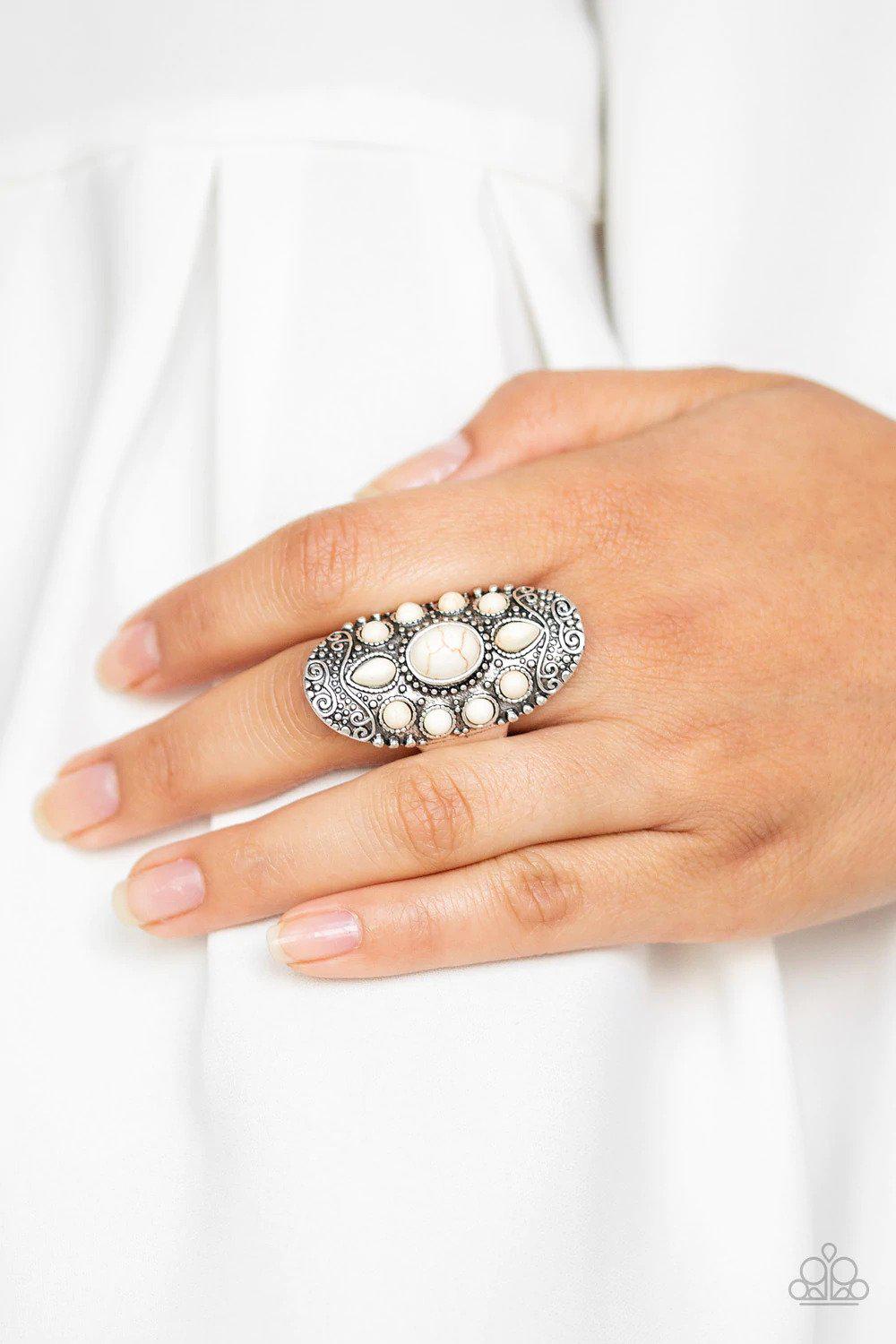 Stone Sunrise White Stone Ring - Paparazzi Accessories- on model - CarasShop.com - Paparazzi Jewelry by Cara Jewels