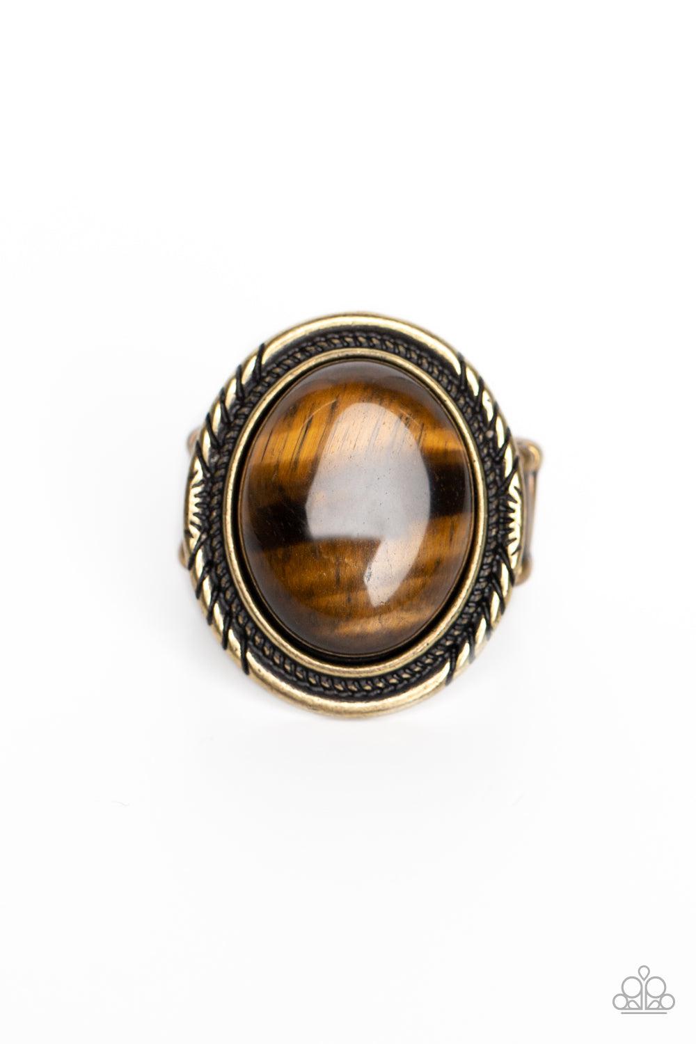 Stone Terrarium Brass & Tiger's Eye Stone Ring - Paparazzi Accessories- lightbox - CarasShop.com - Paparazzi Jewelry by Cara Jewels