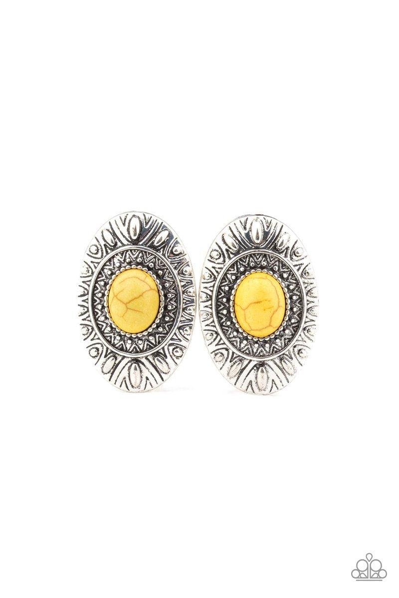 Stone Tiki Yellow Stone Post Earrings - Paparazzi Accessories- lightbox - CarasShop.com - Paparazzi Jewelry by Cara Jewels