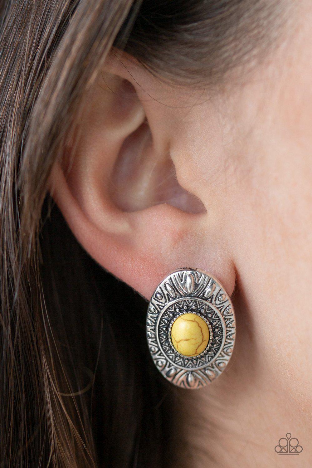 Stone Tiki Yellow Stone Post Earrings - Paparazzi Accessories- lightbox - CarasShop.com - Paparazzi Jewelry by Cara Jewels