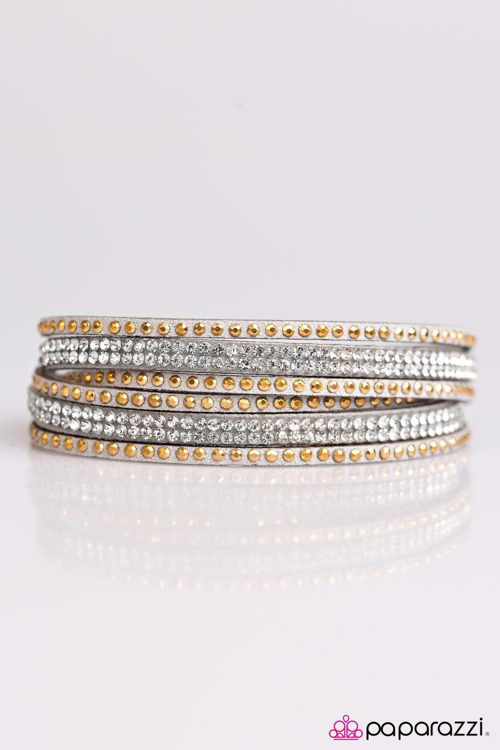 Stop Drop And Sparkle Silver and Gold Double-wrap Snap Bracelet - Paparazzi Accessories- on model - CarasShop.com - Paparazzi Jewelry by Cara Jewels